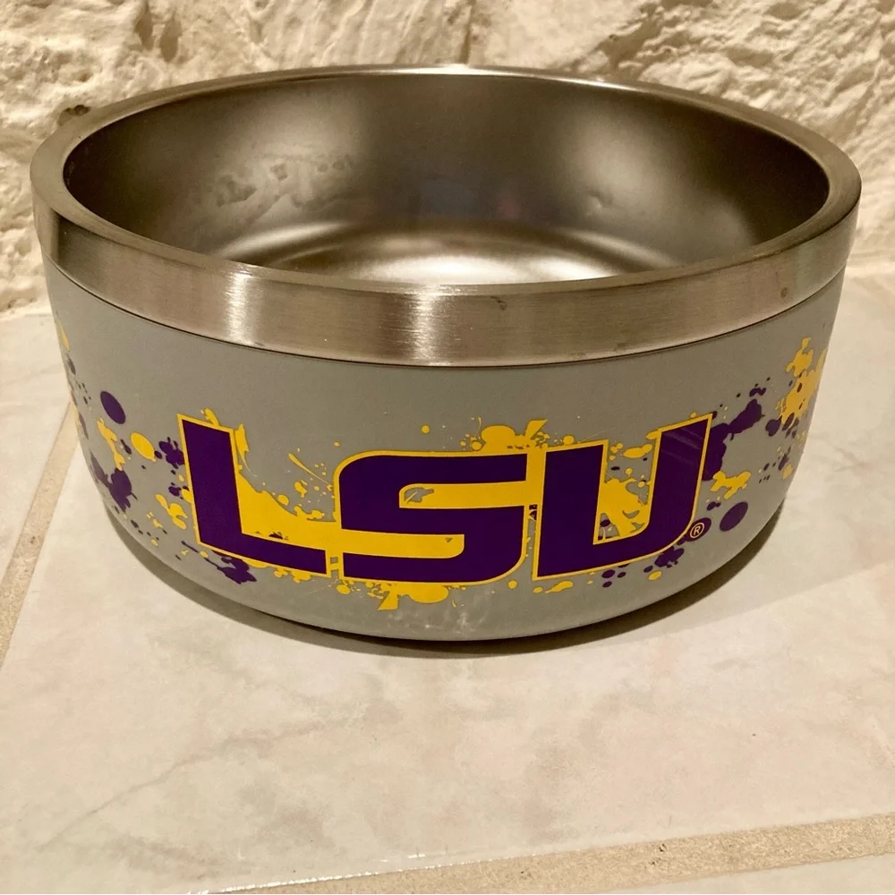 Gametime Sidekicks brand LSU pet bowl. 3.5” deep, 8” wide bowl